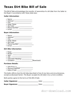 Blank  Dirt Bike Bill of Sale Document for Texas