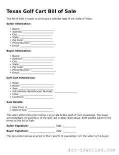 Blank  Golf Cart Bill of Sale Document for Texas