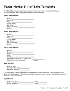 Blank  Horse Bill of Sale Document for Texas