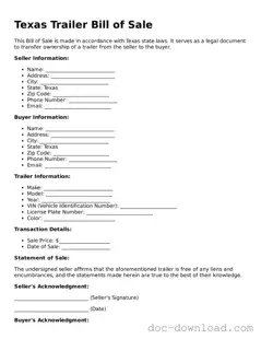Blank  Trailer Bill of Sale Document for Texas