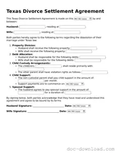 Blank Divorce Settlement Agreement Document for Texas