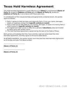 Blank  Hold Harmless Agreement Document for Texas