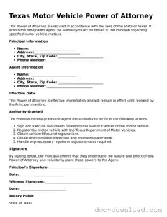 Blank  Motor Vehicle Power of Attorney Document for Texas