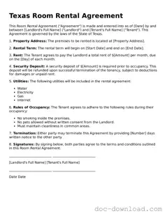 Blank  Room Rental Agreement Document for Texas