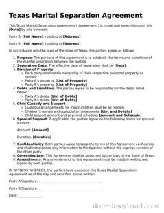 Blank  Marital Separation Agreement Document for Texas