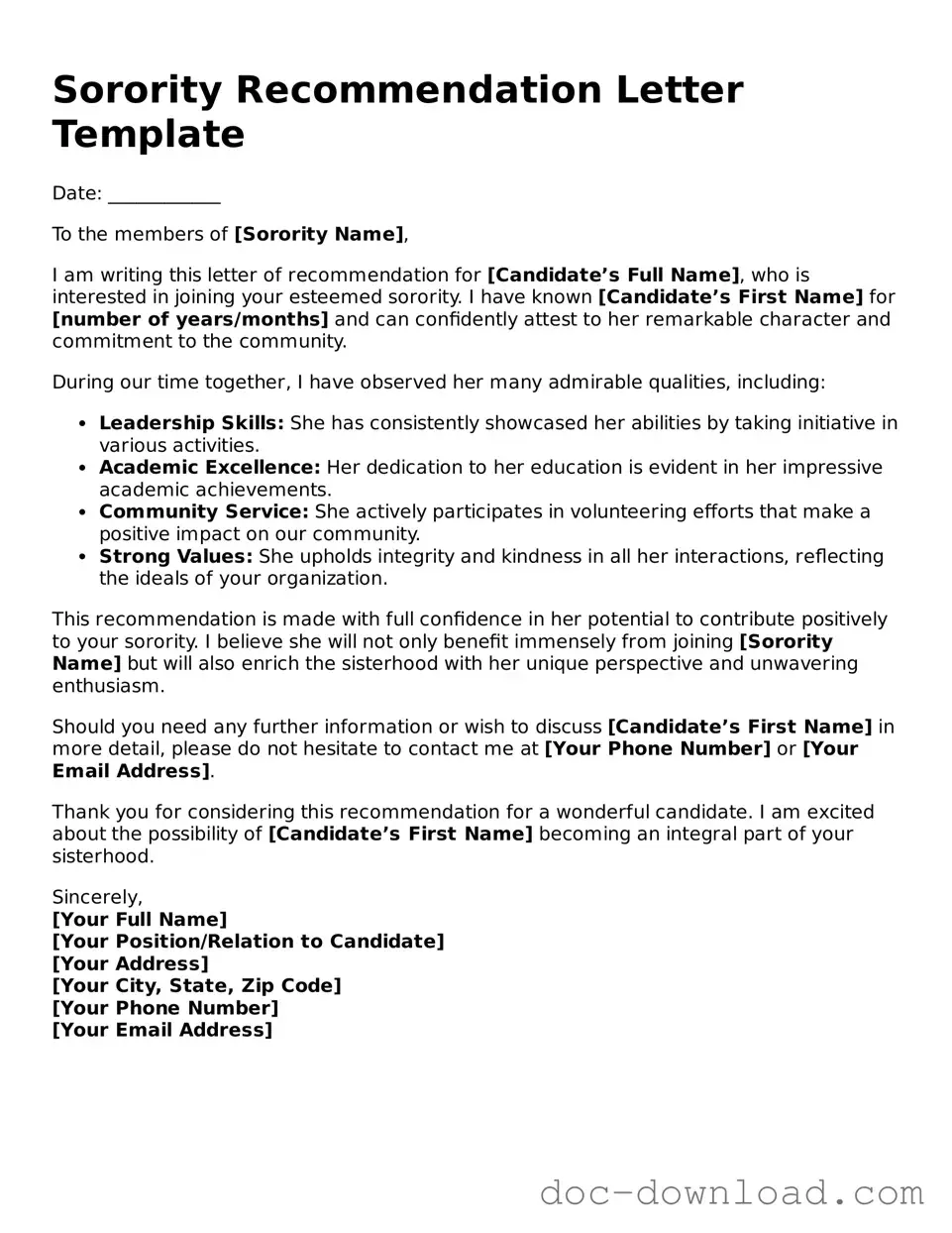 Printable Sorority Recommendation Letter Template