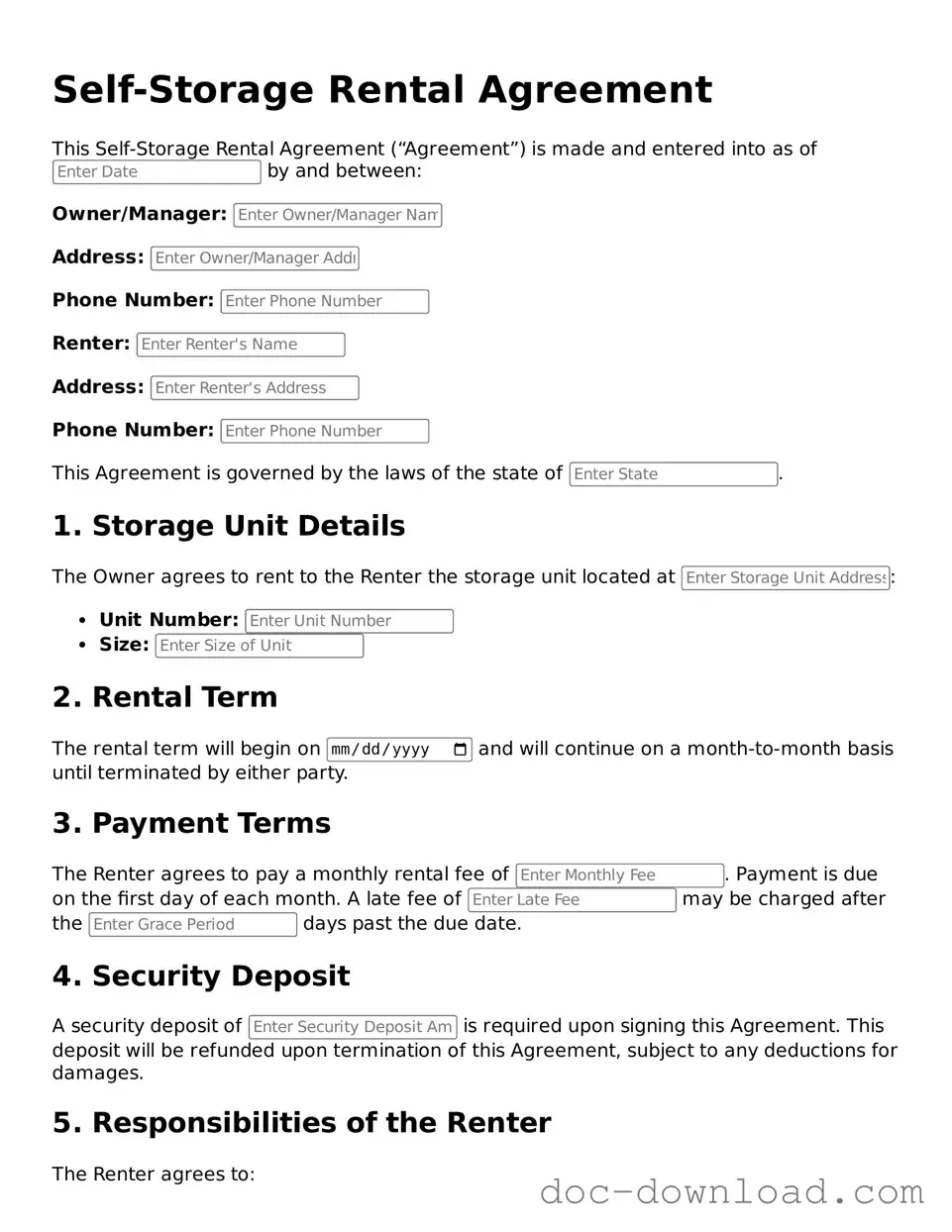 Printable Self-Storage Rental Agreement Template