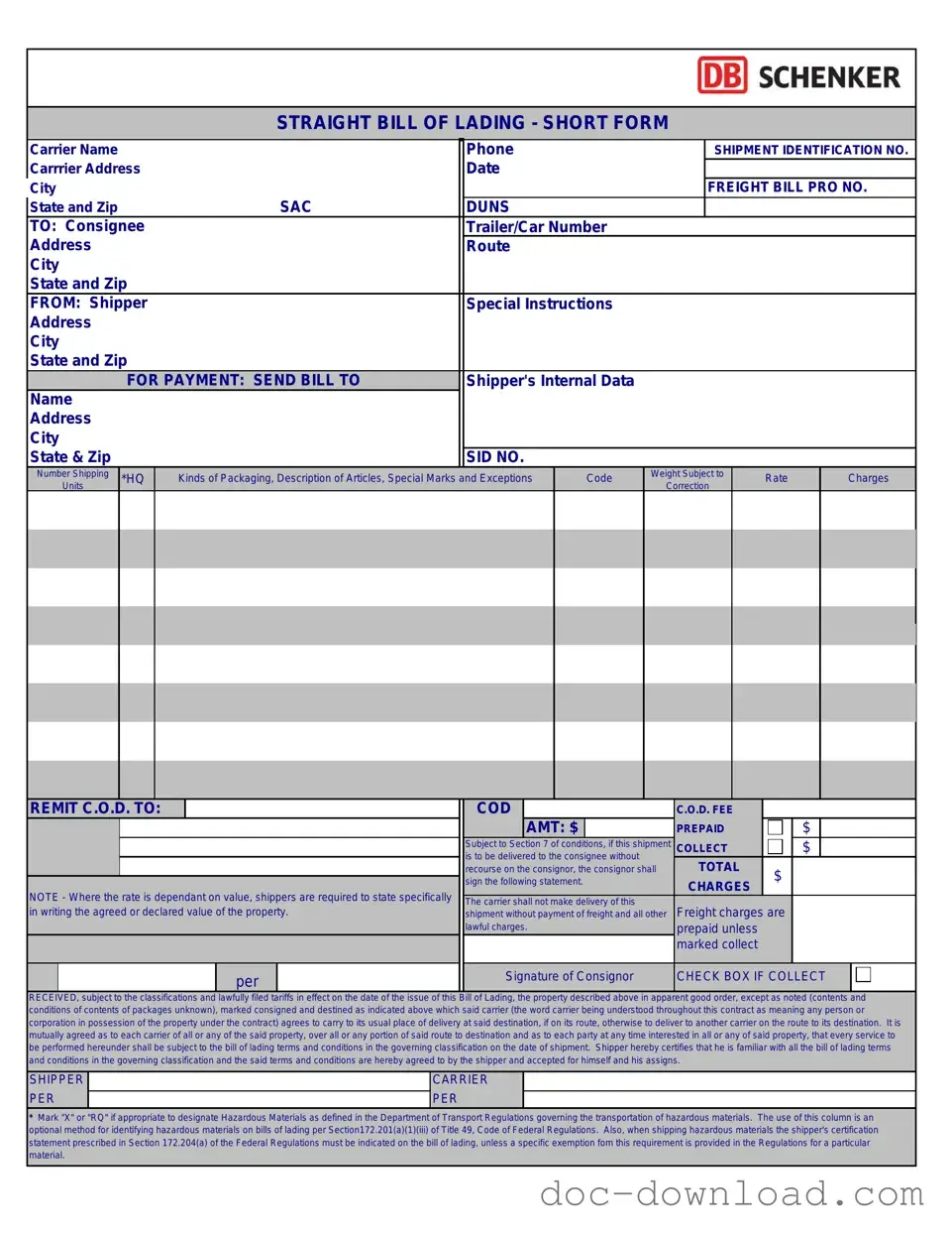 Fill Out Your Straight Bill Of Lading Template