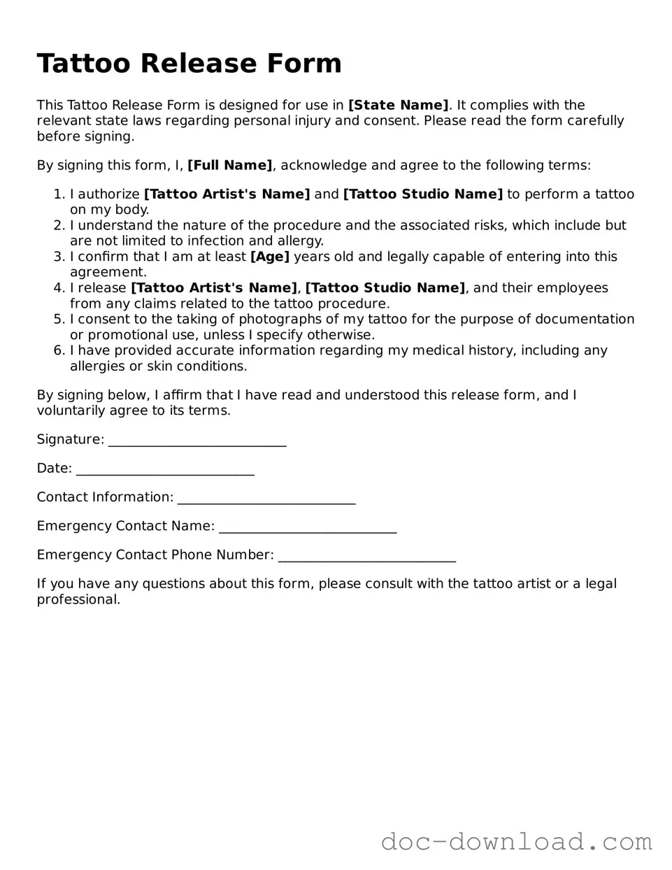 Printable Tattoo Release Template