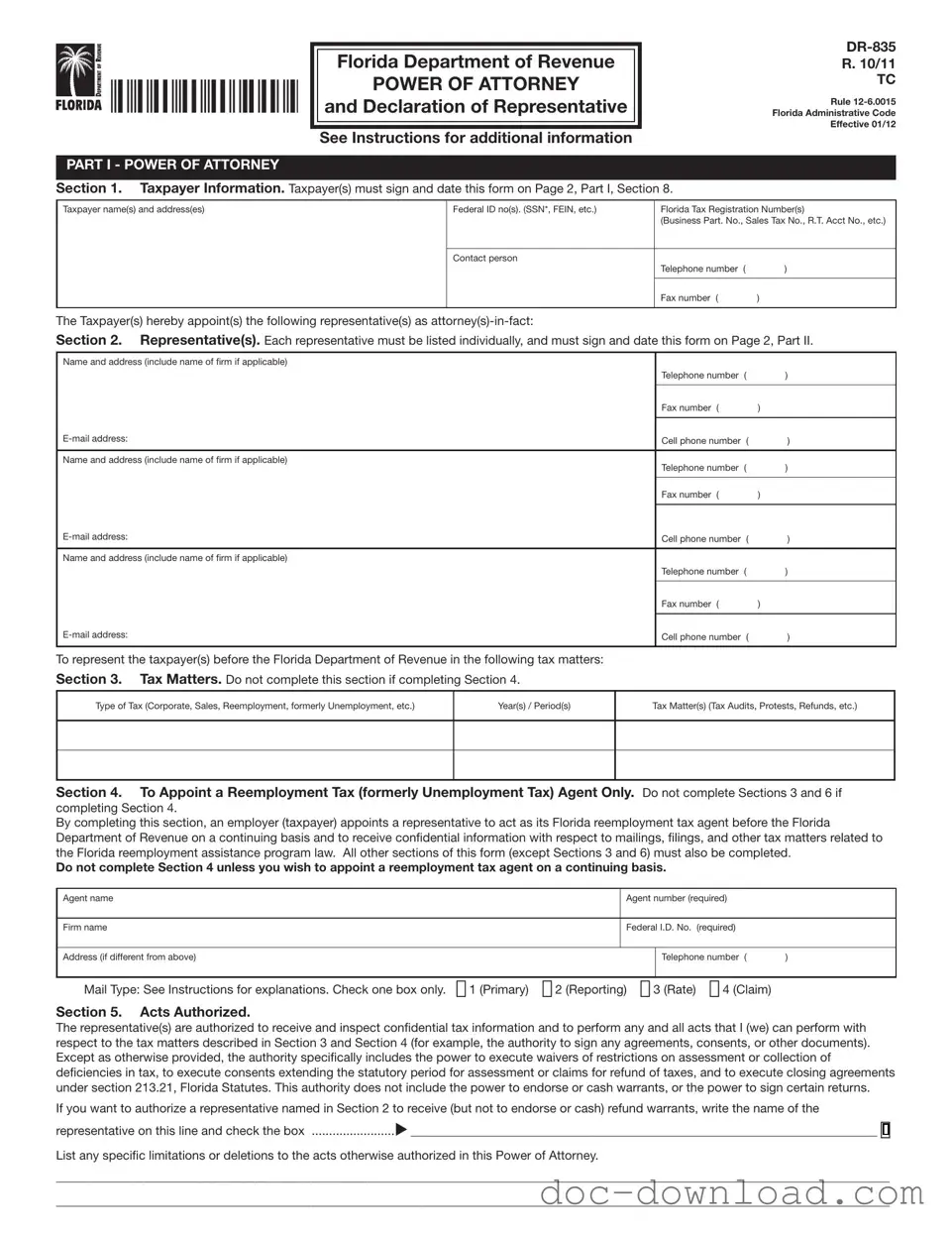Fill Out Your Tax POA dr 835 Template