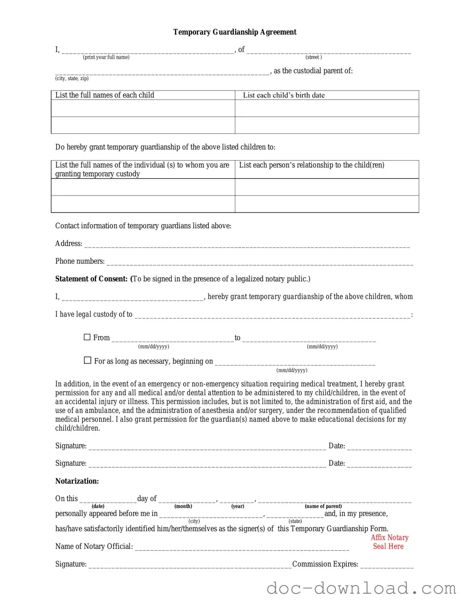 Fill Out Your Temporary Custody Template