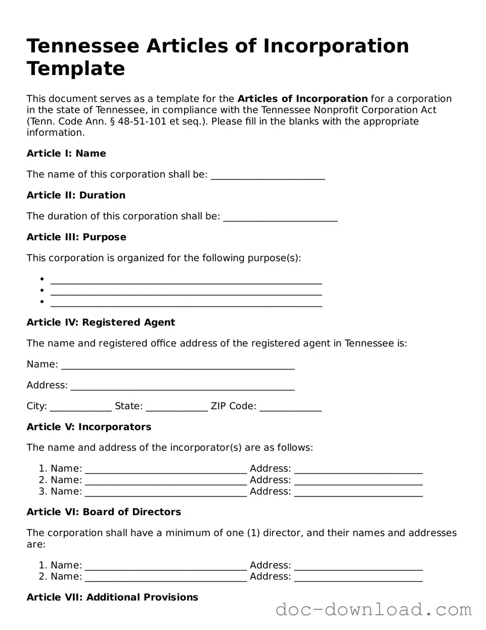 Blank  Articles of Incorporation Document for Tennessee