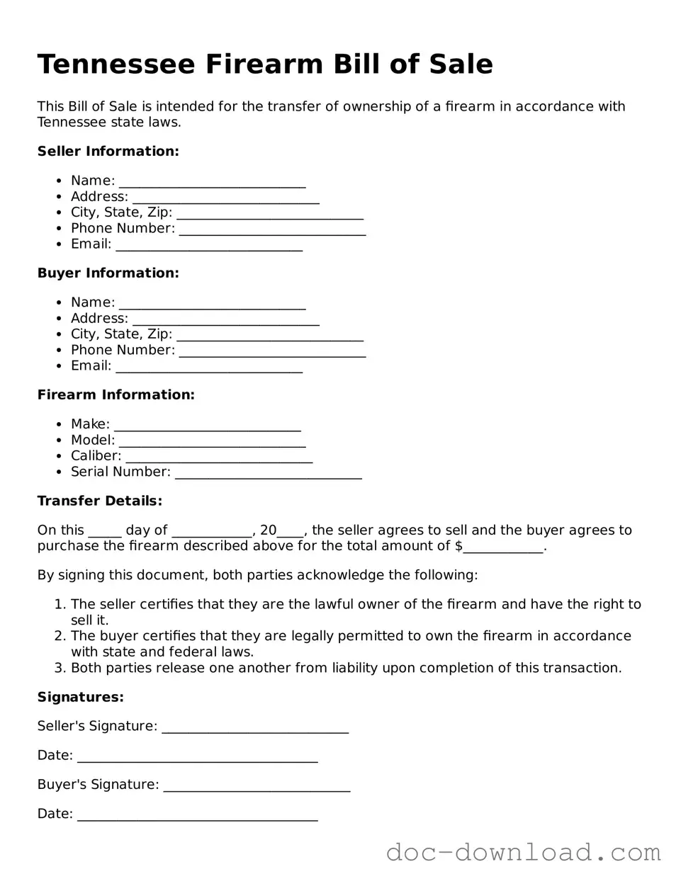 Blank  Firearm Bill of Sale Document for Tennessee