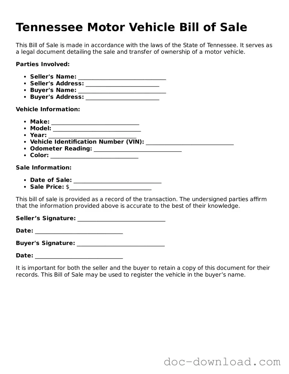 Blank  Motor Vehicle Bill of Sale Document for Tennessee