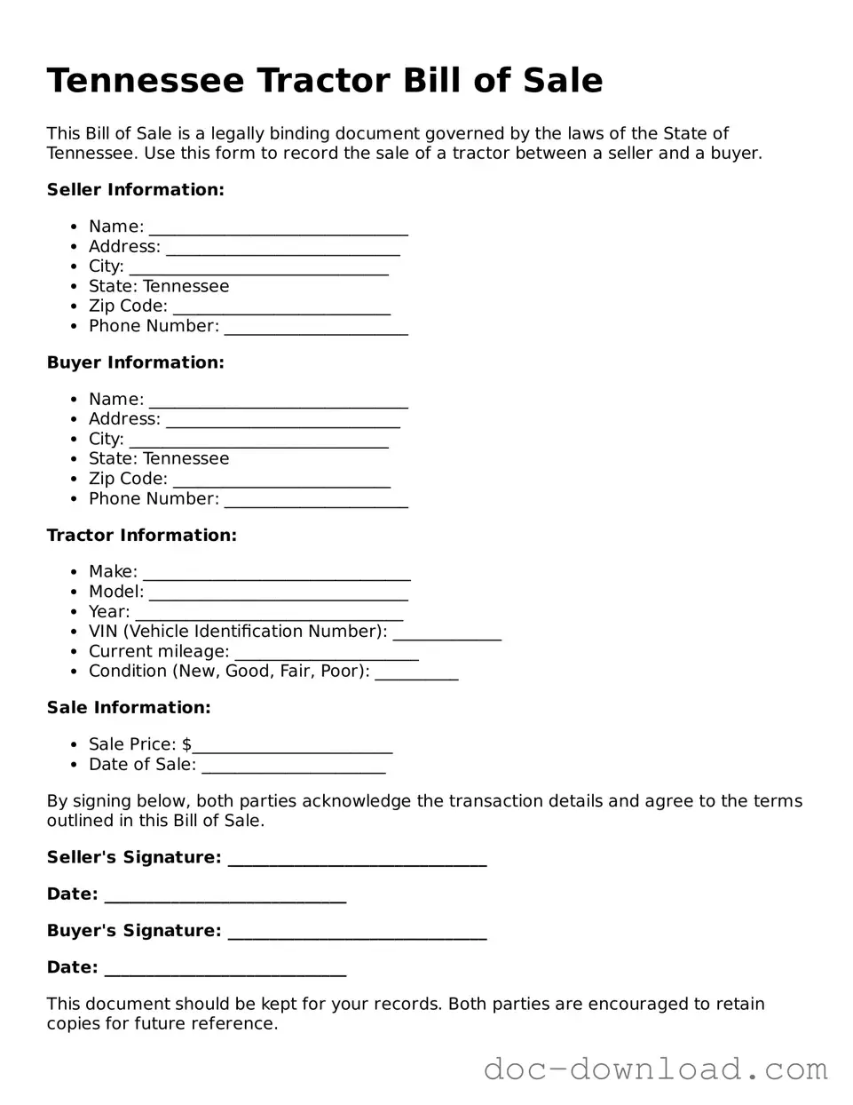 Blank  Tractor Bill of Sale Document for Tennessee