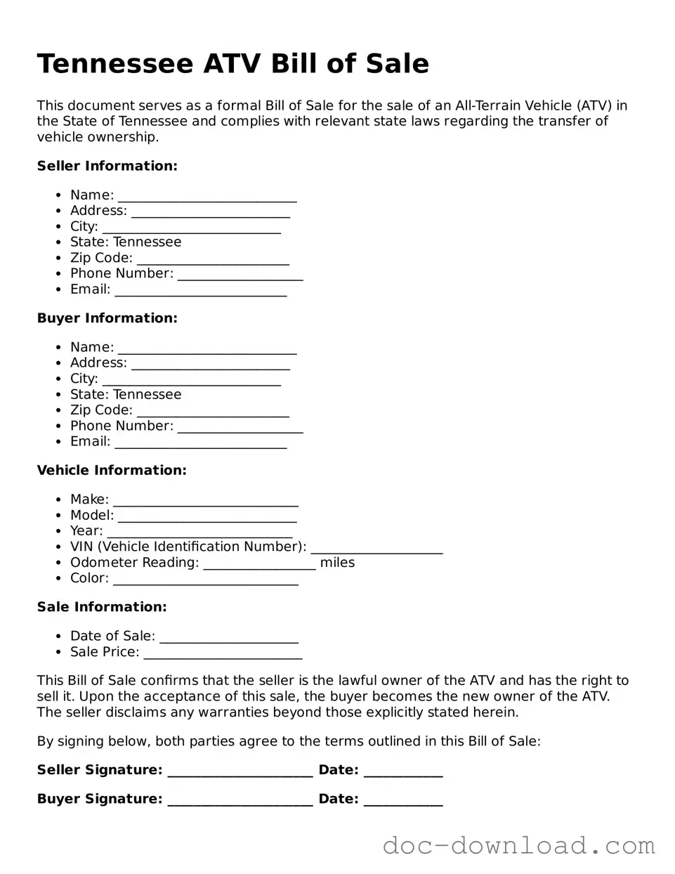 Blank  ATV Bill of Sale Document for Tennessee