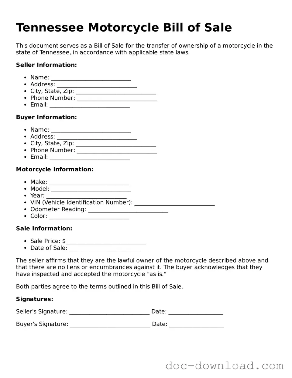 Blank  Motorcycle Bill of Sale Document for Tennessee