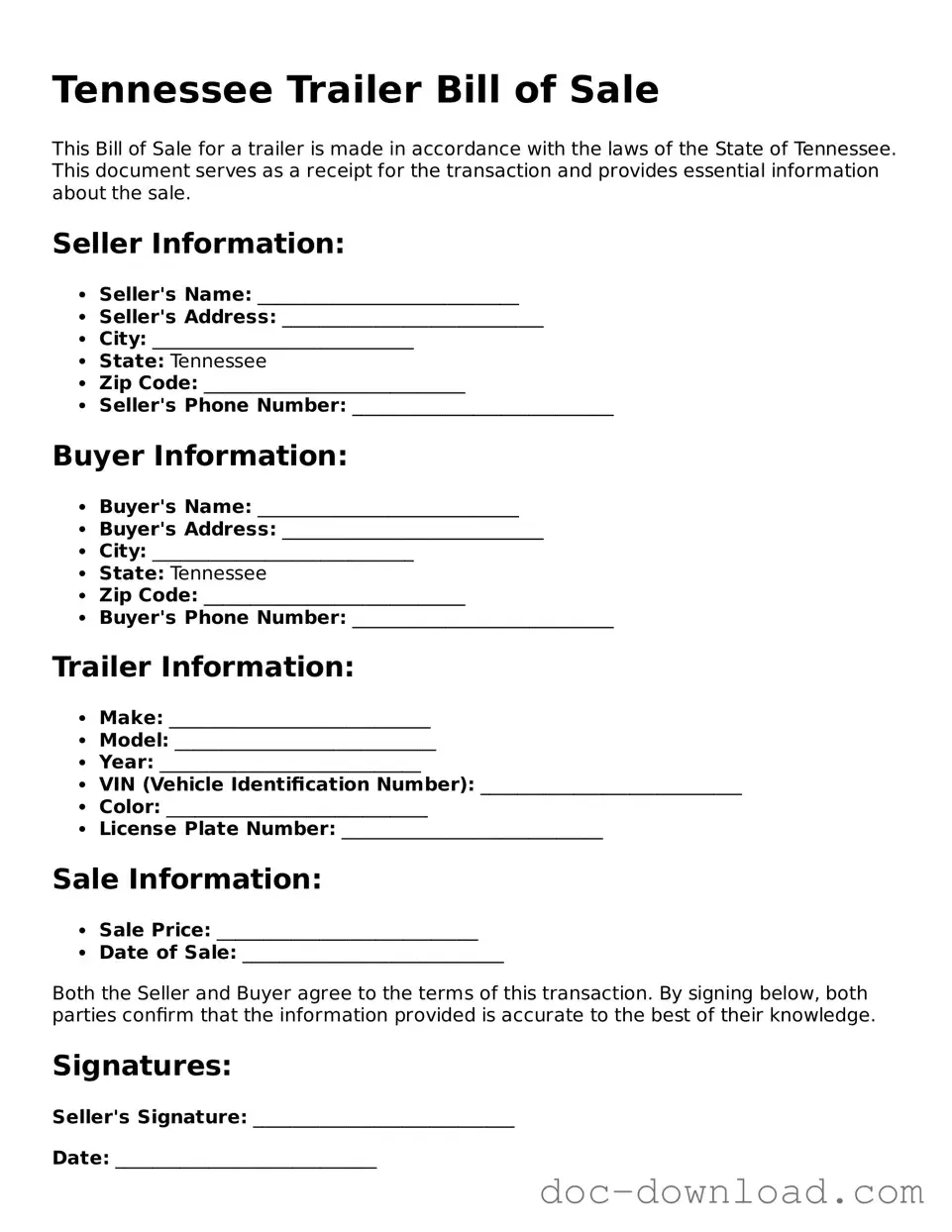 Blank  Trailer Bill of Sale Document for Tennessee