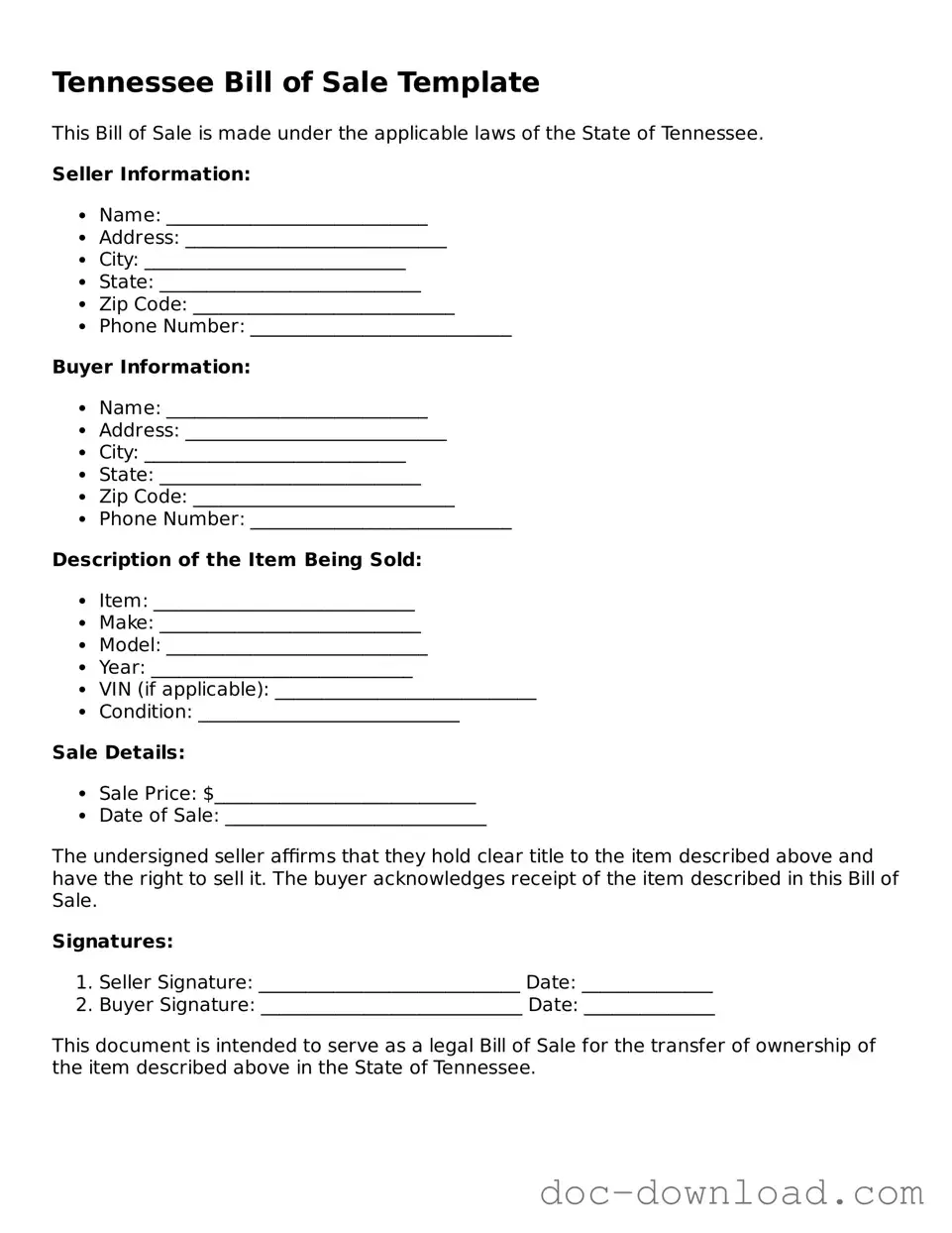 Blank  Bill of Sale Document for Tennessee