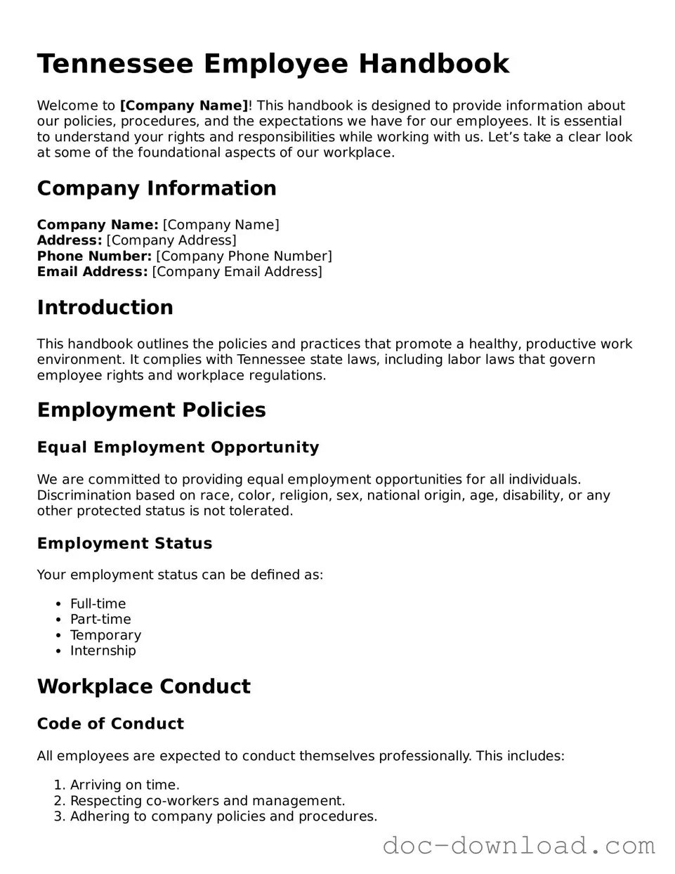 Blank  Employee Handbook Document for Tennessee