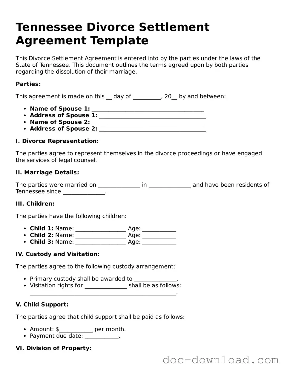 Blank  Divorce Settlement Agreement Document for Tennessee