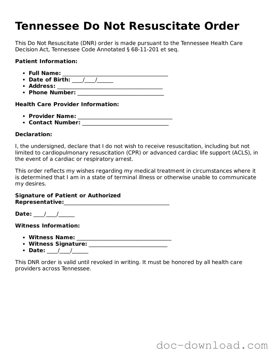 Blank  Do Not Resuscitate Order Document for Tennessee