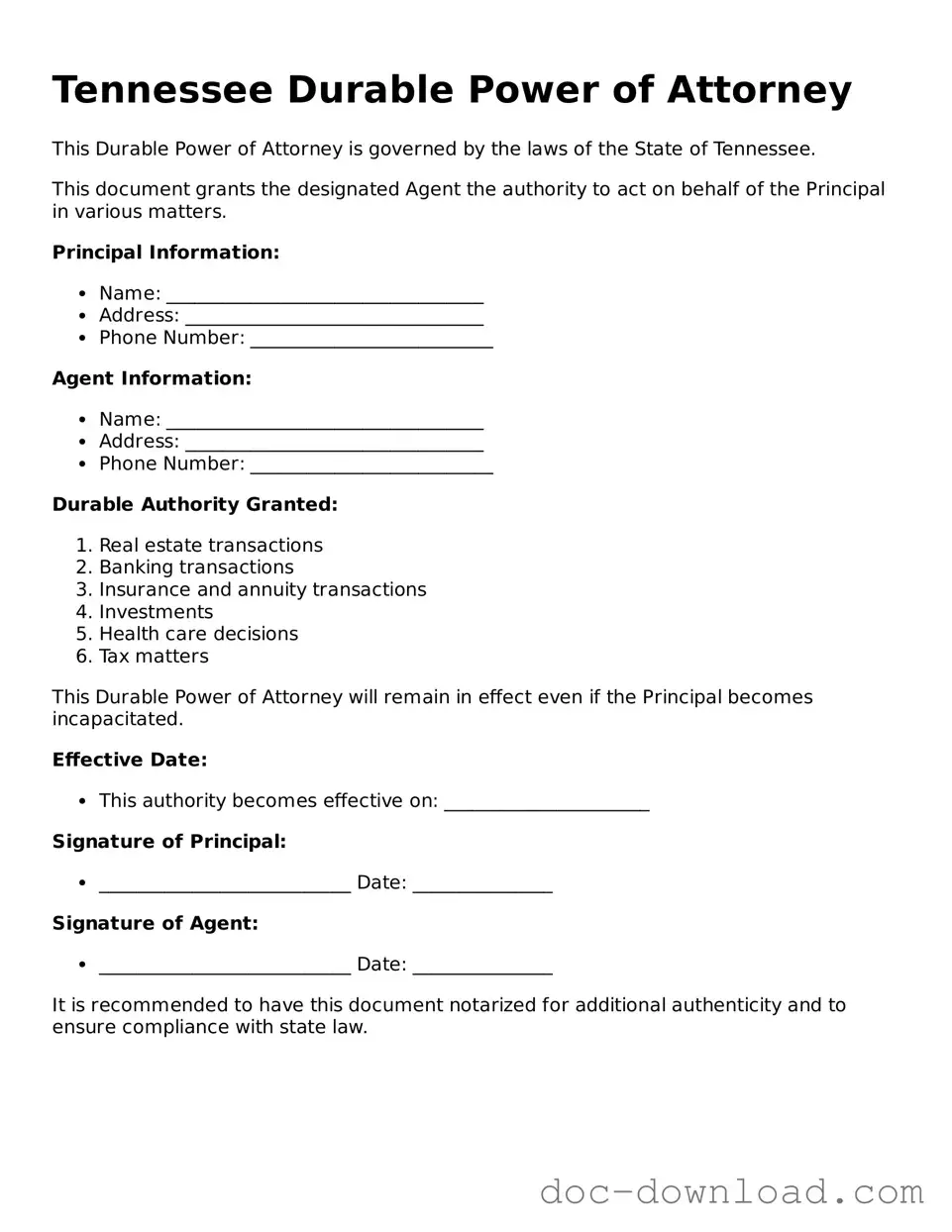 Blank  Durable Power of Attorney Document for Tennessee