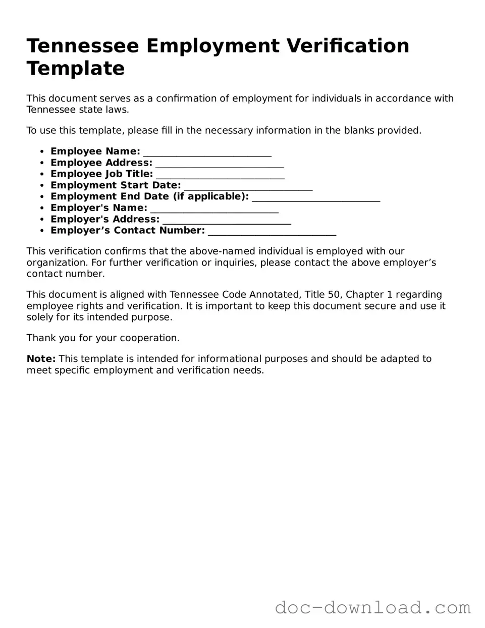 Blank  Employment Verification Document for Tennessee