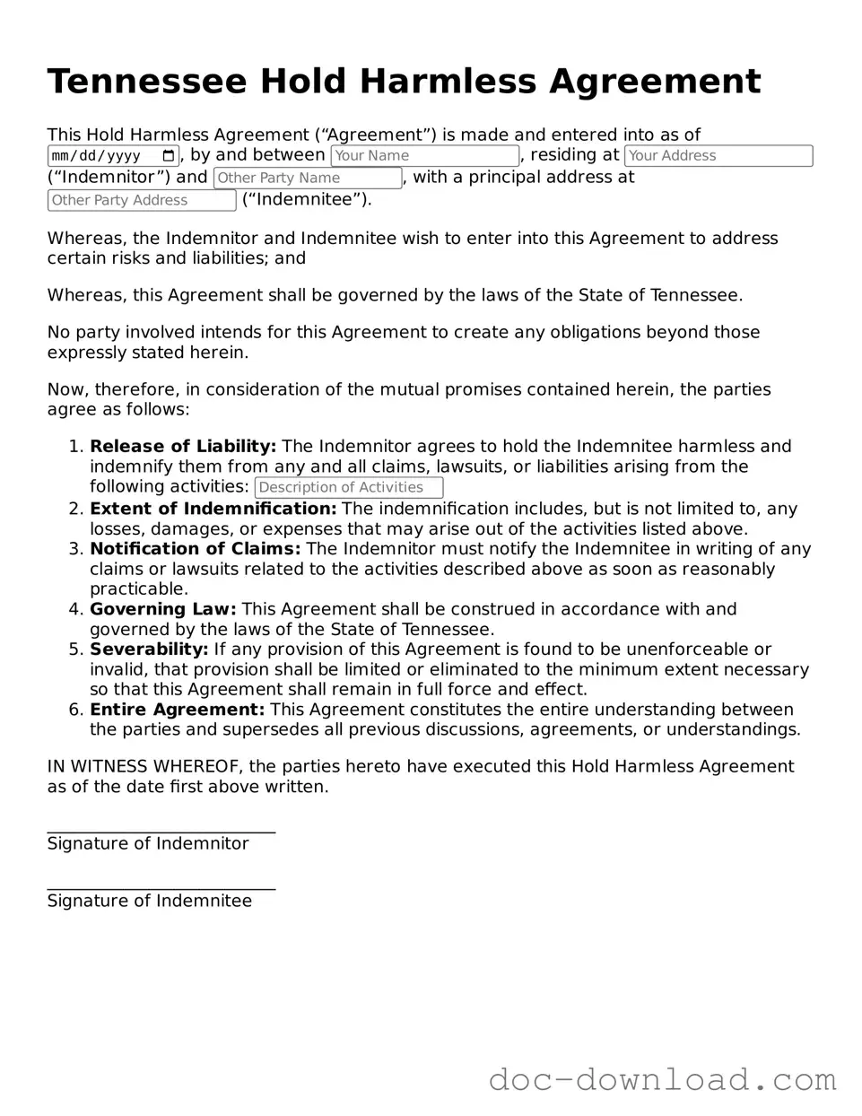 Blank  Hold Harmless Agreement Document for Tennessee
