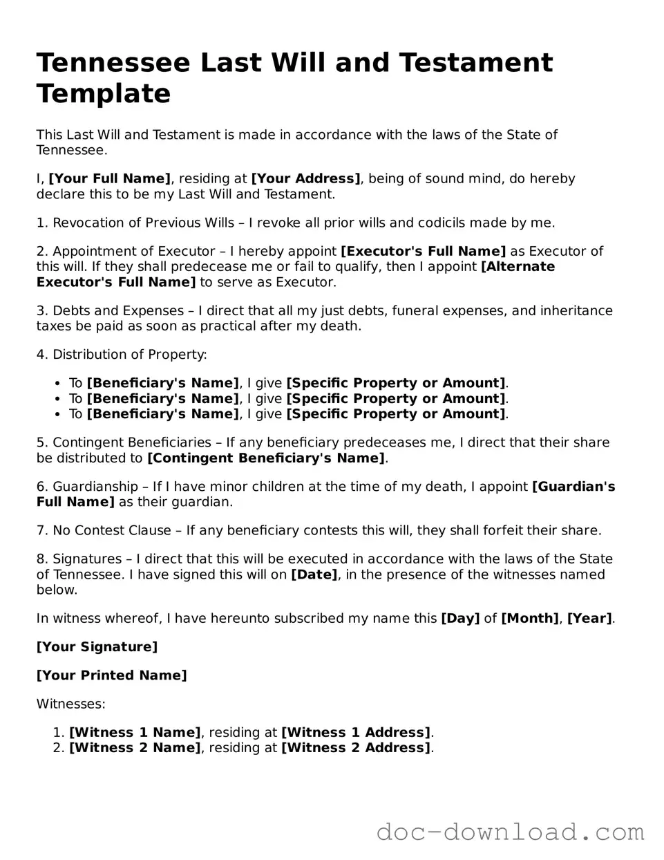 Blank  Last Will and Testament Document for Tennessee