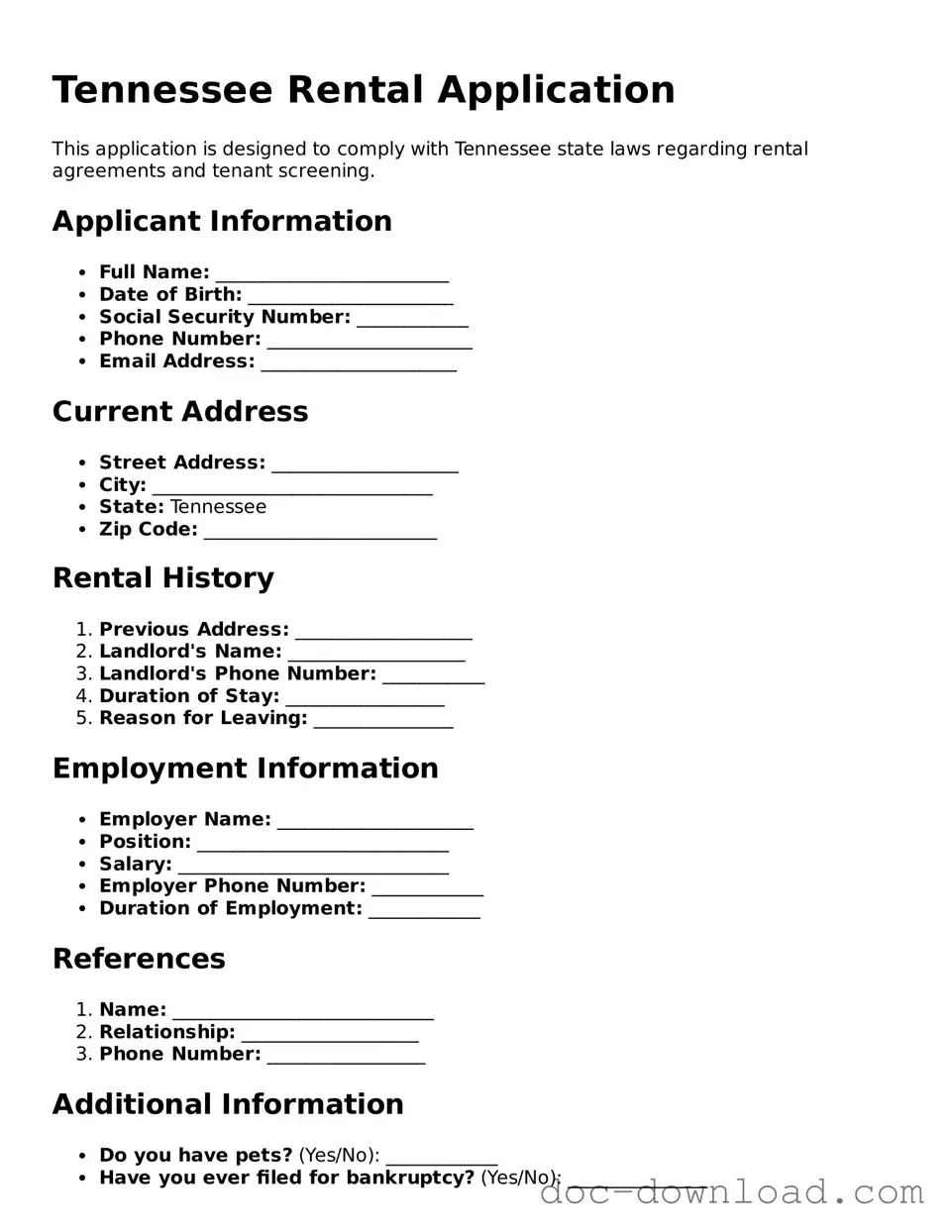 Blank  Rental Application Document for Tennessee