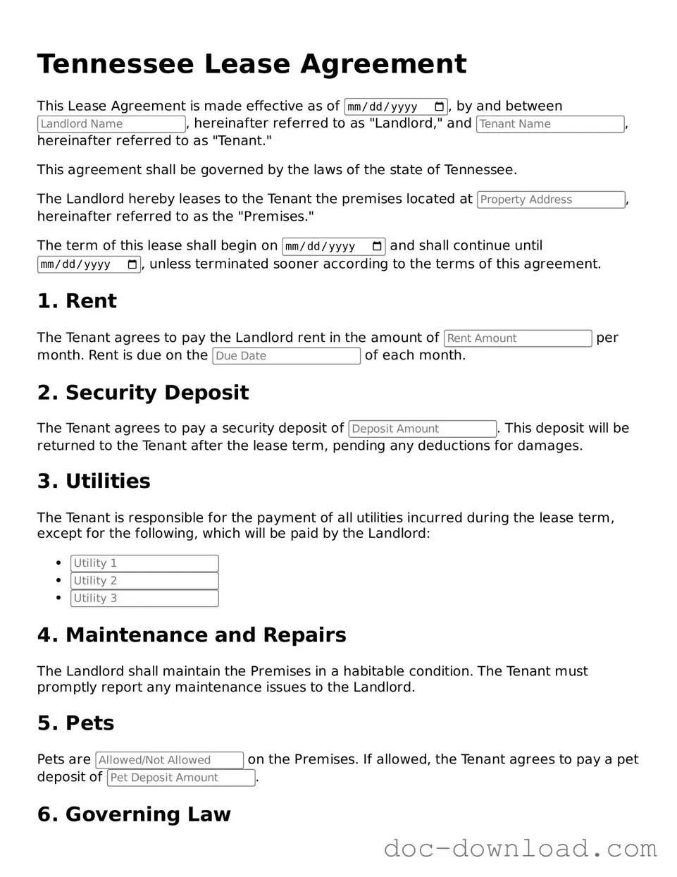 Blank  Lease Agreement Document for Tennessee