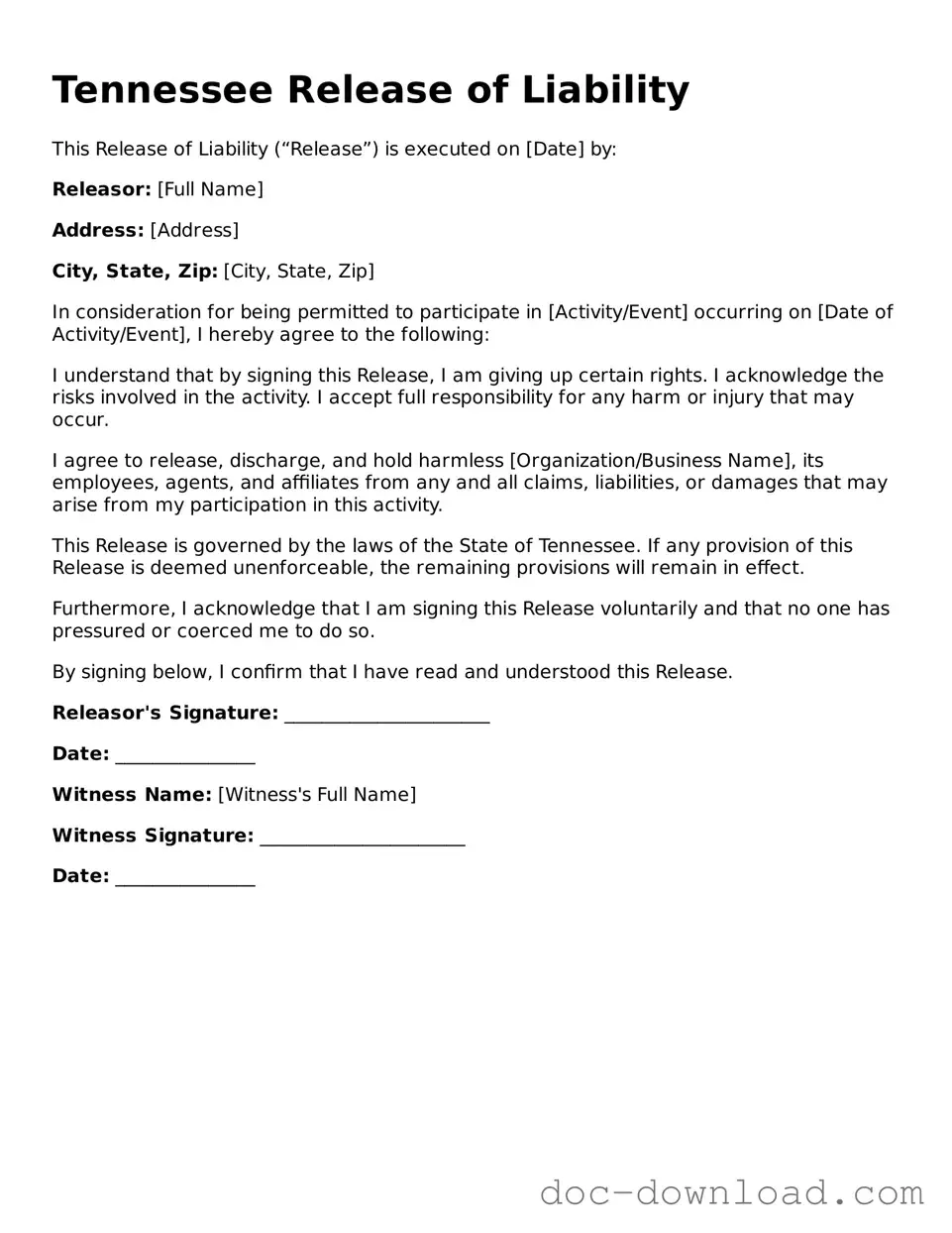 Blank  Release of Liability Document for Tennessee