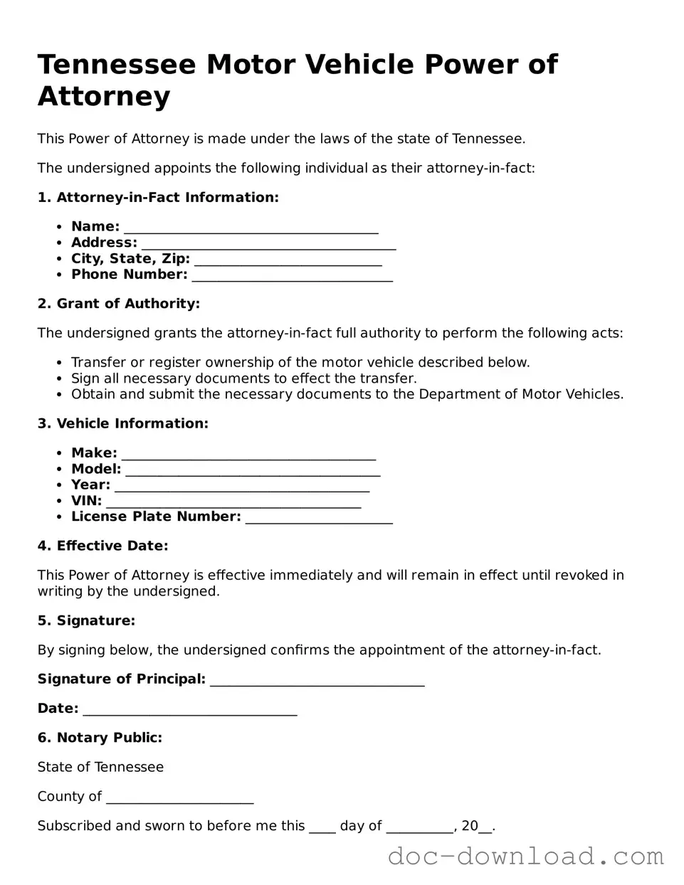 Blank  Motor Vehicle Power of Attorney Document for Tennessee