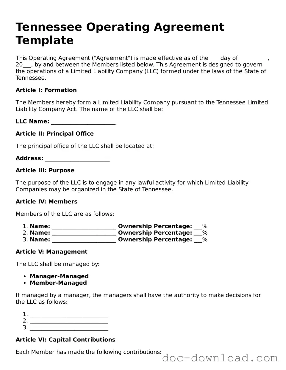 Blank  Operating Agreement Document for Tennessee