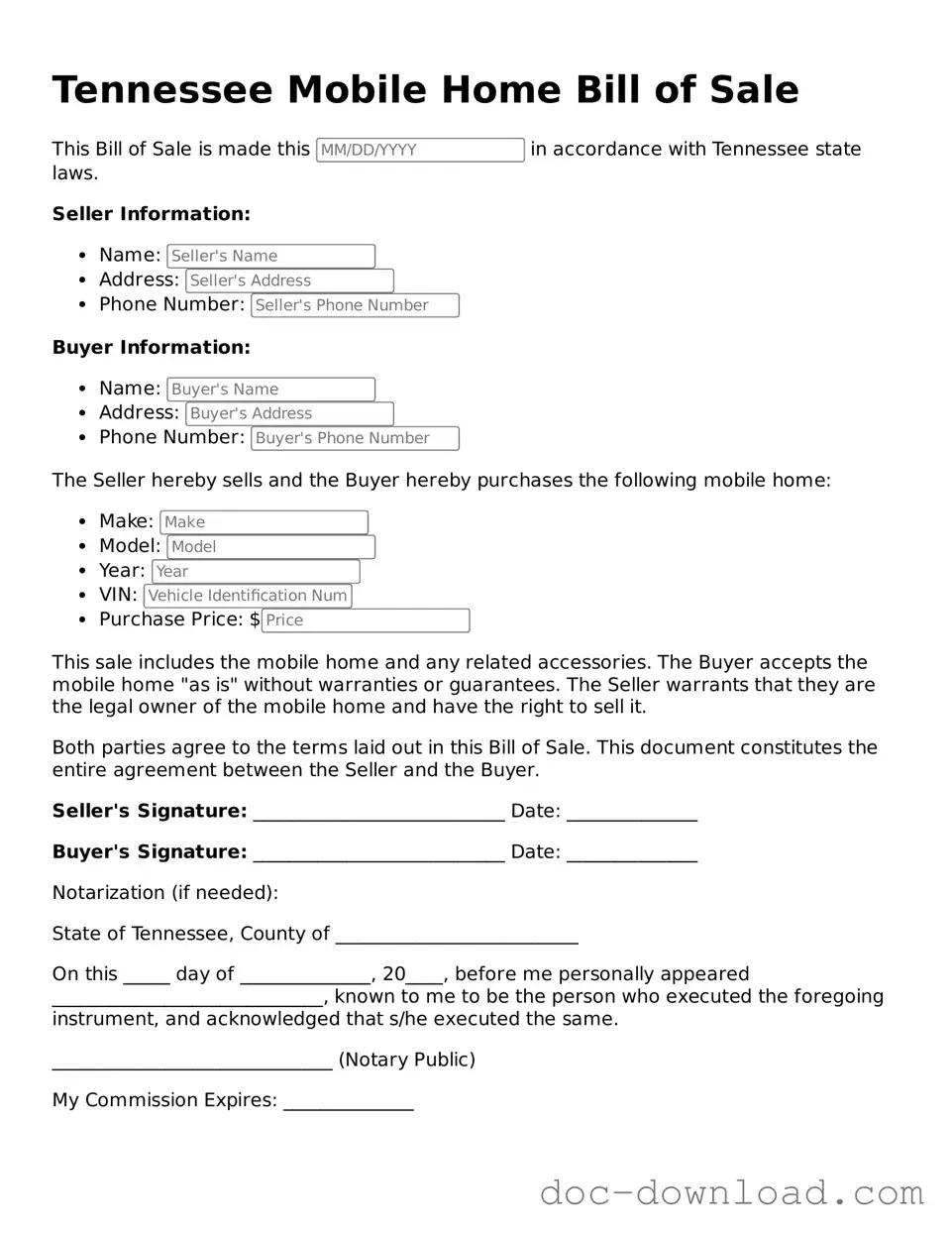 Blank  Mobile Home Bill of Sale Document for Tennessee