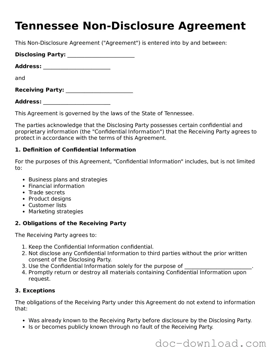 Blank  Non-disclosure Agreement Document for Tennessee