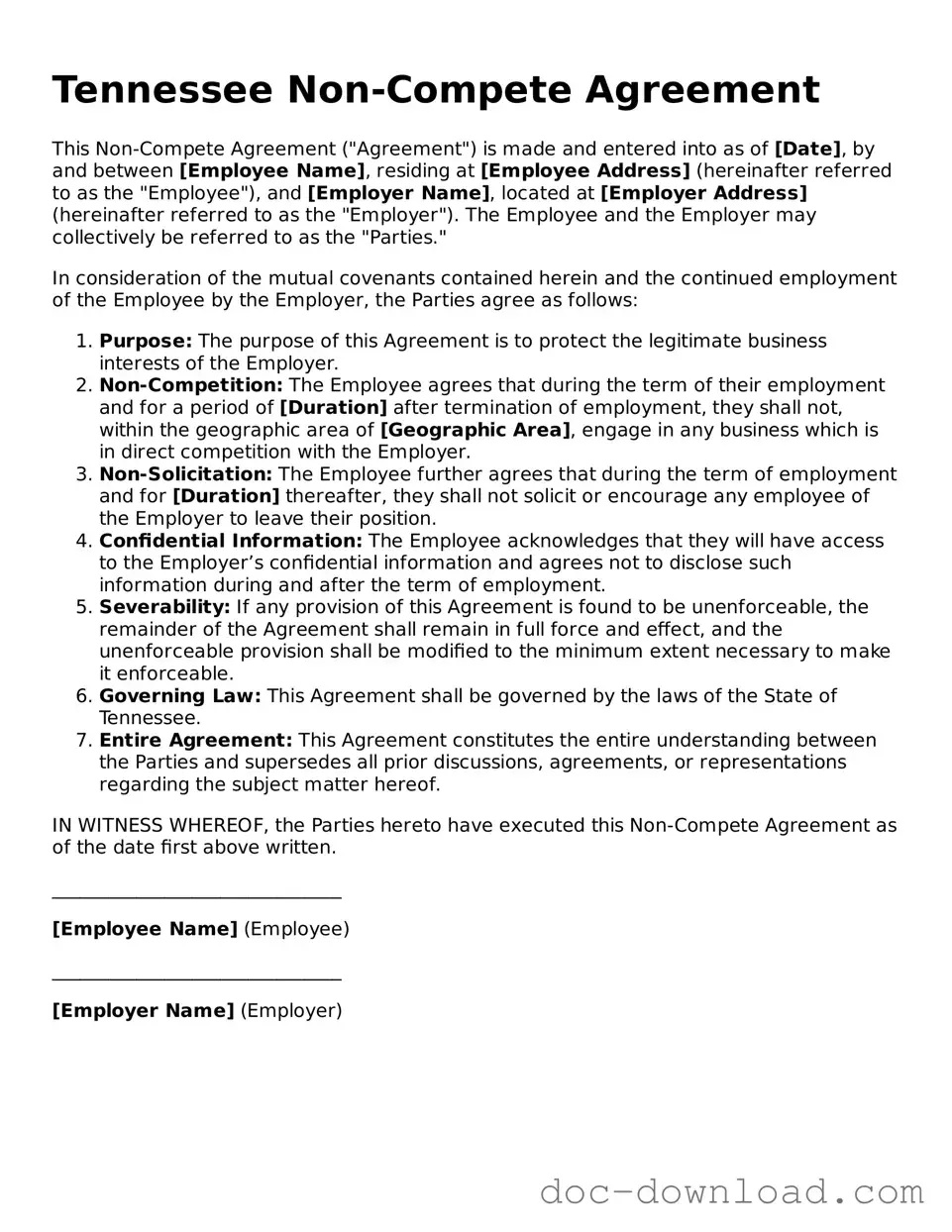 Blank  Non-compete Agreement Document for Tennessee