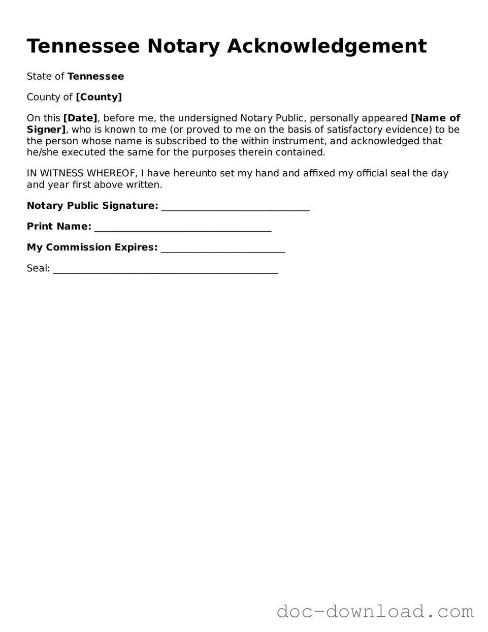 Blank Notary Acknowledgement Document for Tennessee