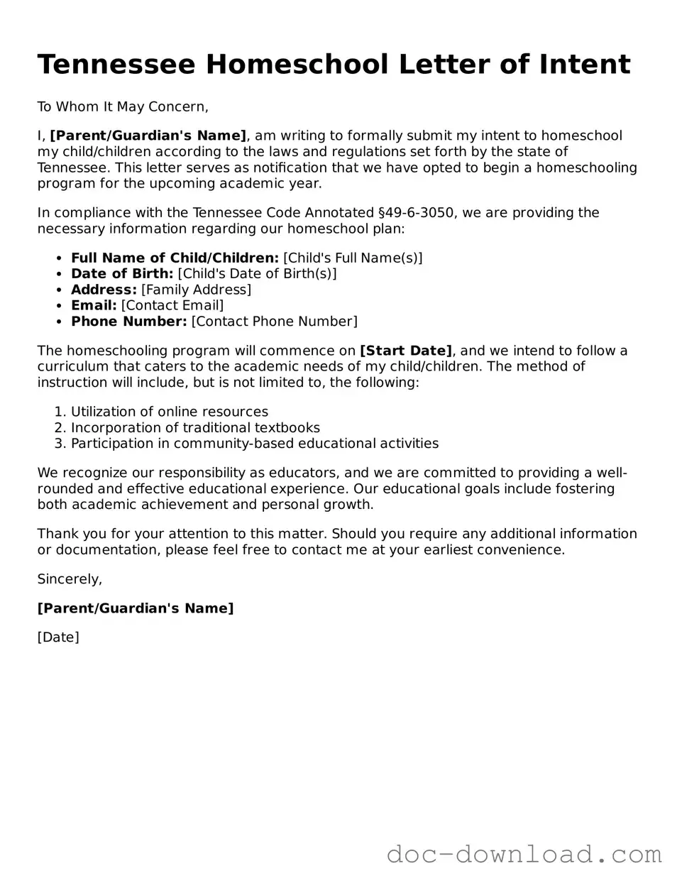 Blank  Homeschool Letter of Intent Document for Tennessee