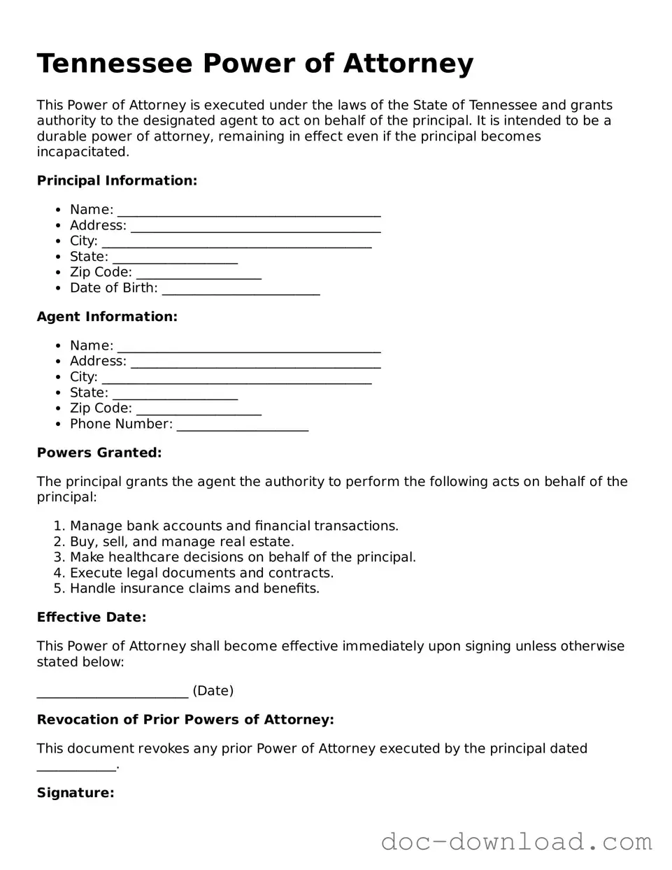 Blank  Power of Attorney Document for Tennessee