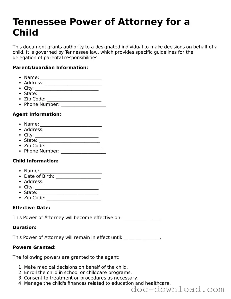Blank  Power of Attorney for a Child Document for Tennessee