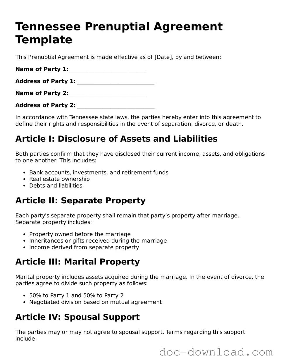 Blank  Prenuptial Agreement Document for Tennessee