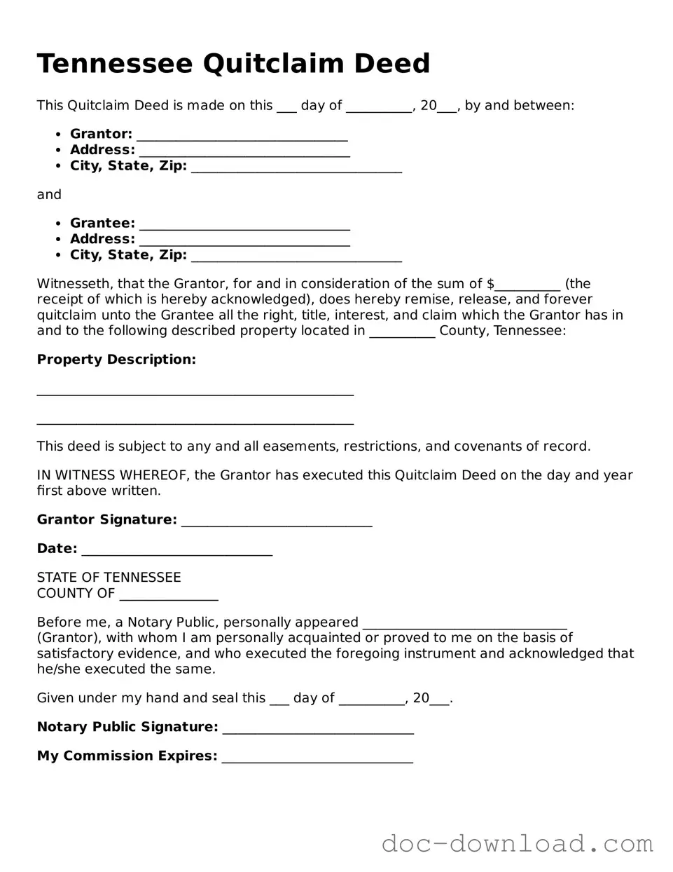 Blank  Quitclaim Deed Document for Tennessee