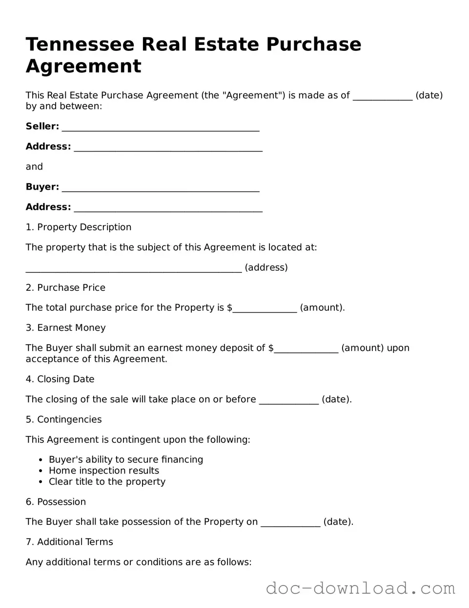Blank  Real Estate Purchase Agreement Document for Tennessee