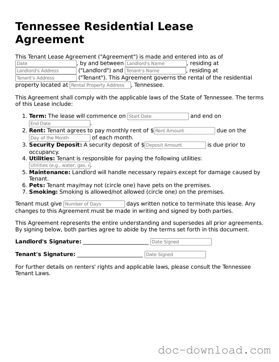 Blank  Residential Lease Agreement Document for Tennessee