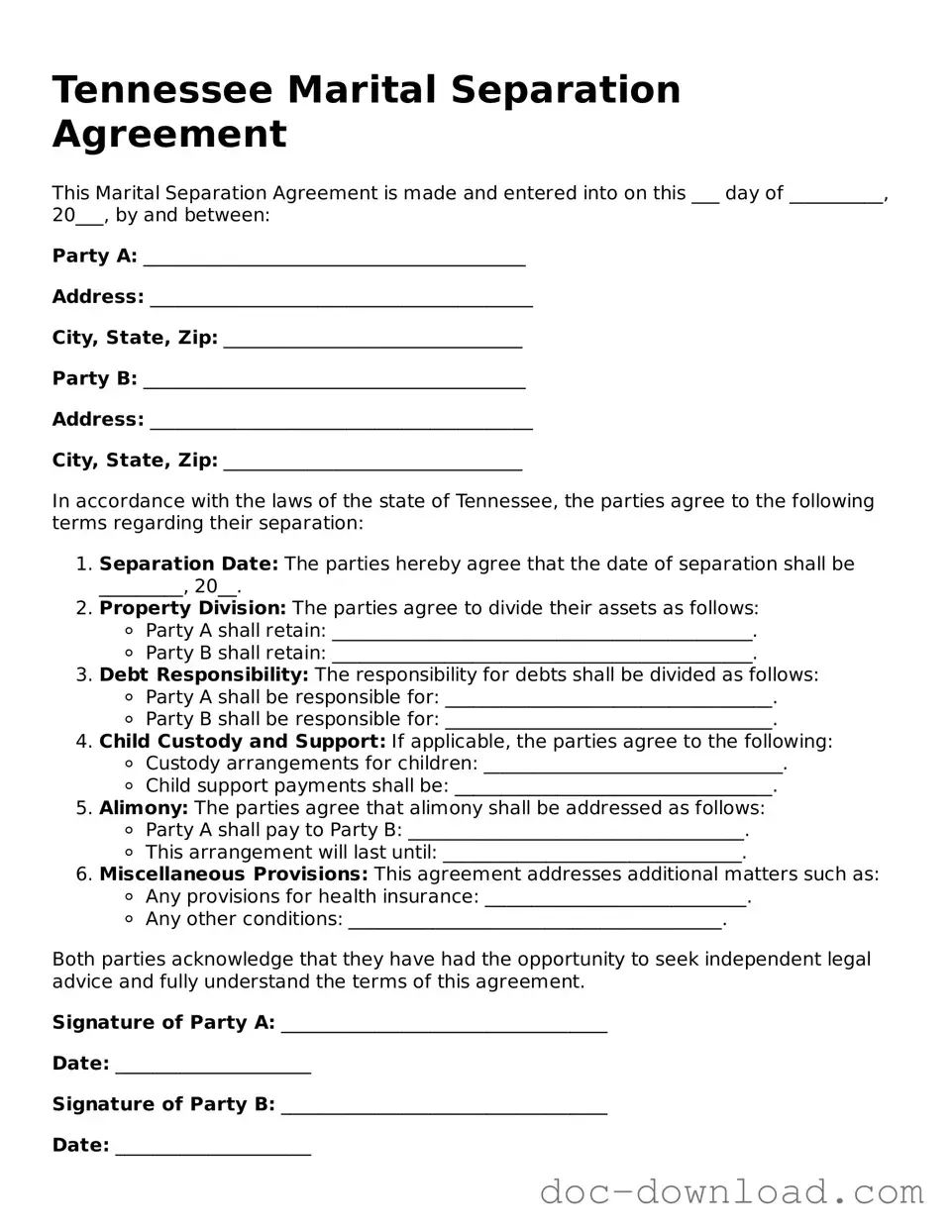 Blank  Marital Separation Agreement Document for Tennessee