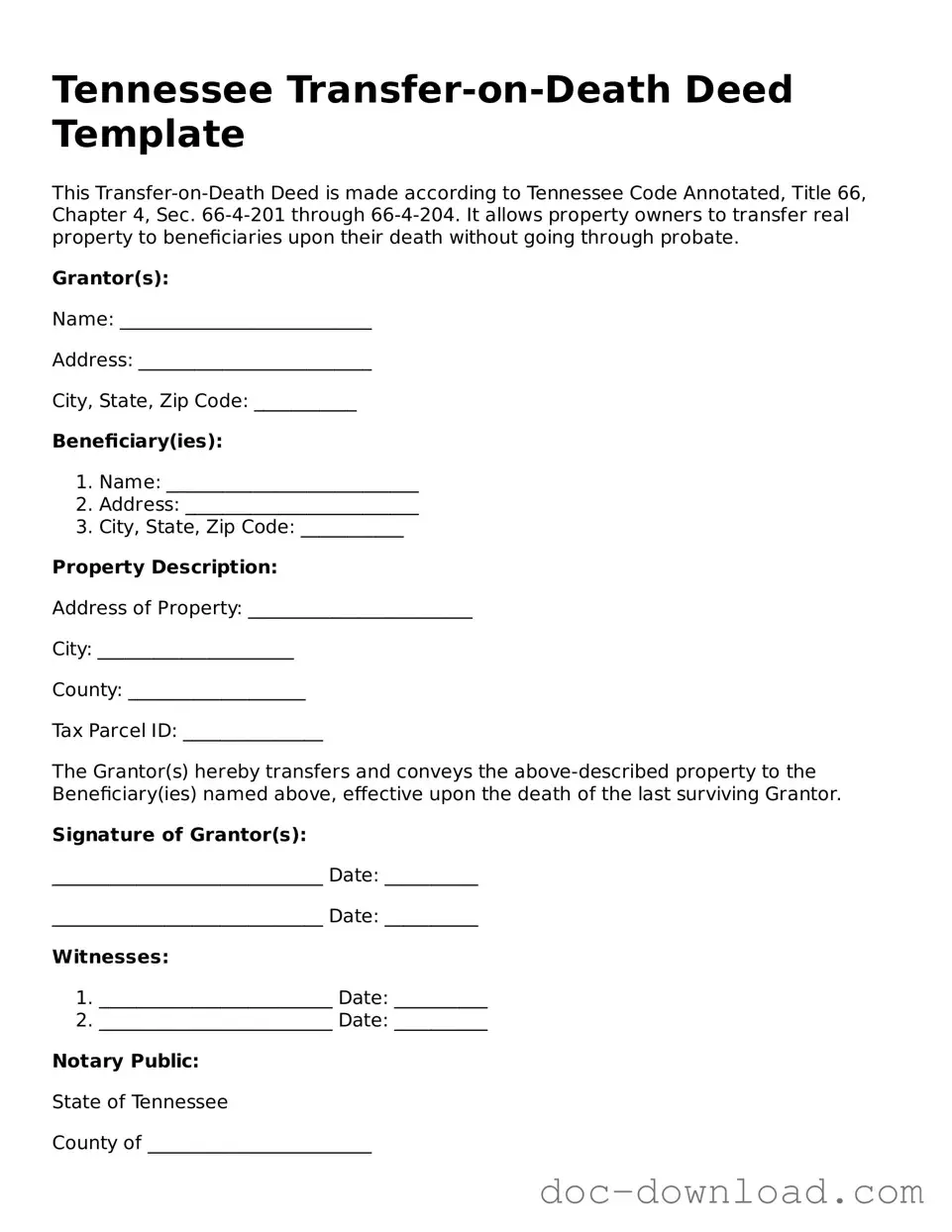 Blank  Transfer-on-Death Deed Document for Tennessee