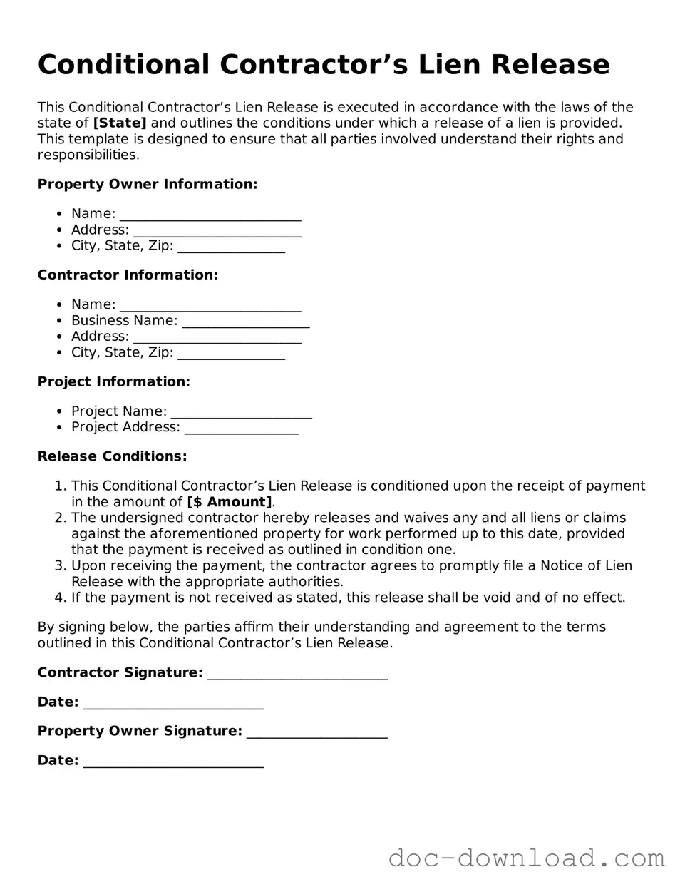 Printable Conditional Contractor’s Lien Release Template