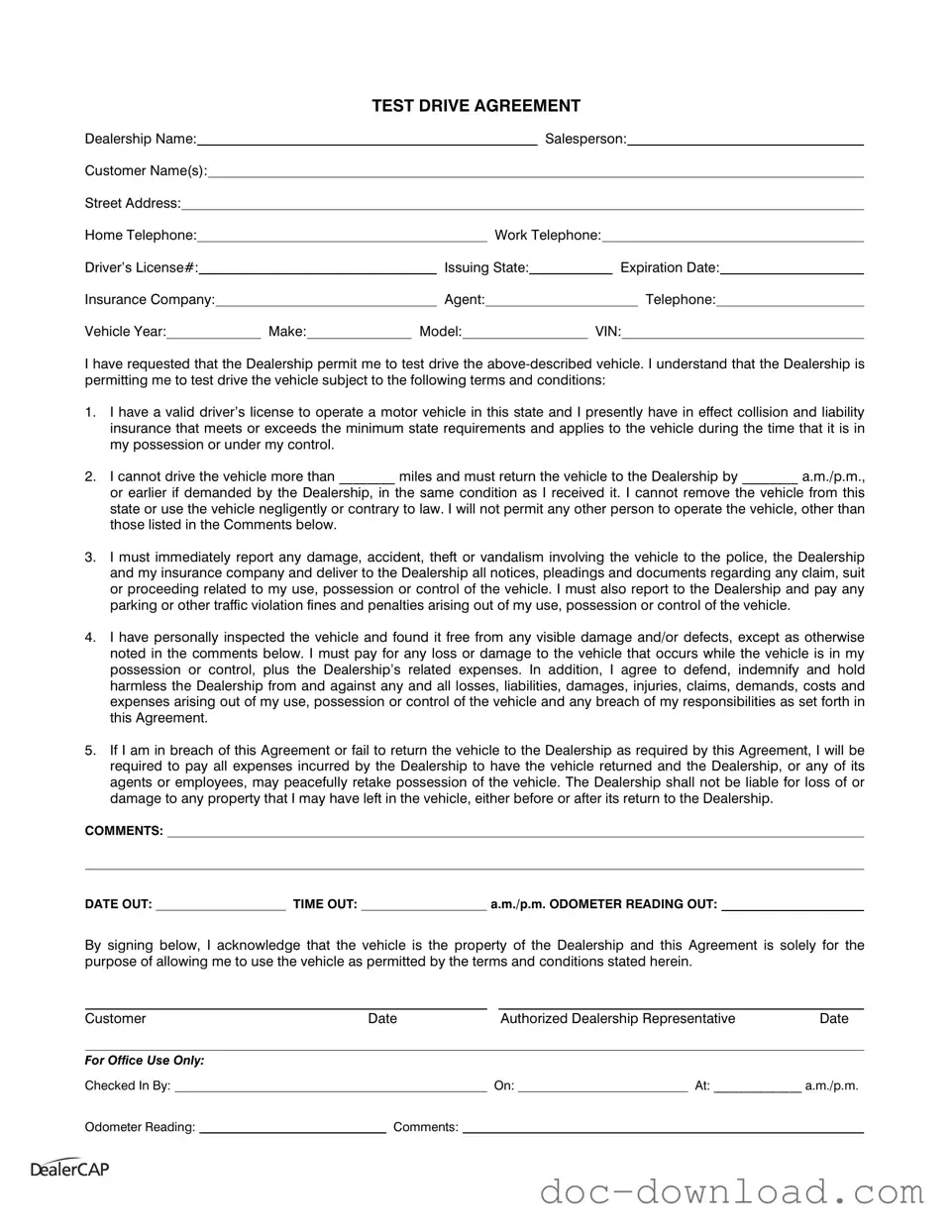 Fill Out Your Test Drive Template